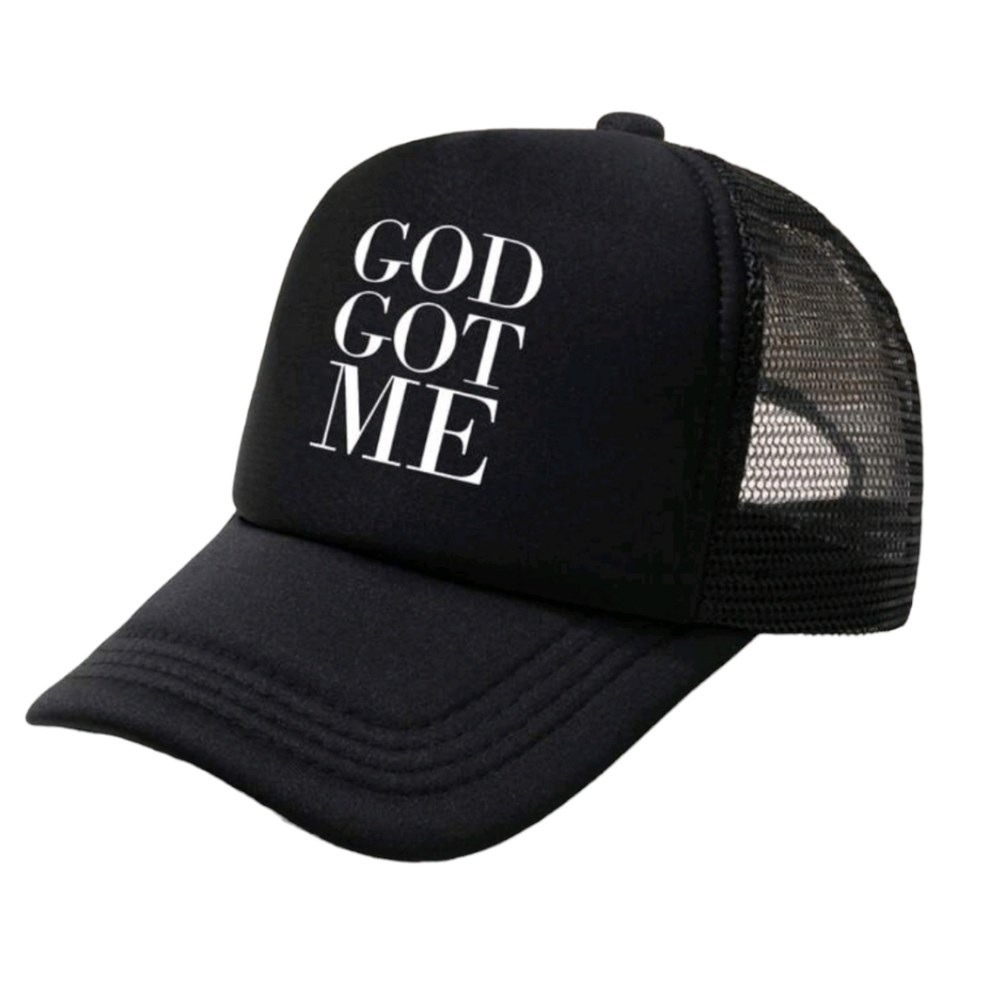 Women's Black Hat White Print "God Got Me" Adjustable Baseball Cap